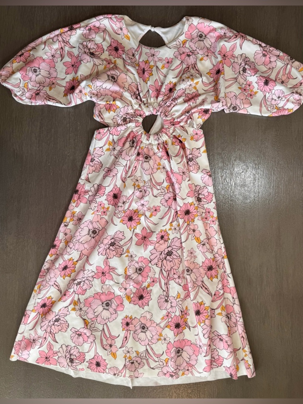 Floral Ring Cut Out Midi Dress Puff Sleeves M 6